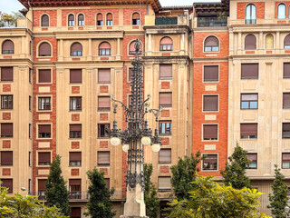Beautiful street view of Old town in Pamplona with sunlit facades and quiet charm
