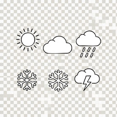 Set of weather icons including sun cloud rain snow and lightning.
