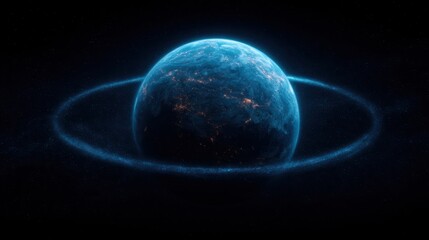 A stunning, illuminated planet surrounded by a bright ring, set against a dark cosmic background, evoking feelings of wonder and exploration.