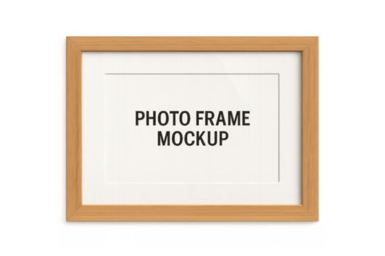 Wooden frame presenting blank white mat board, offering a versatile template for displaying images or text. Transparent background