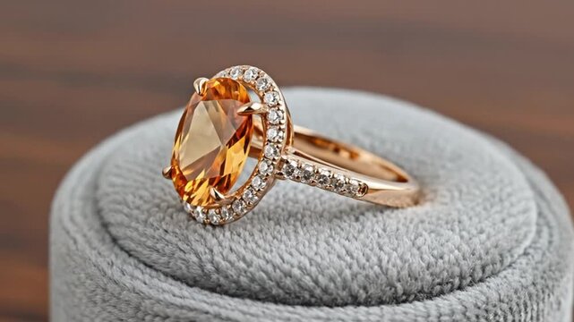 Oval citrine ring with diamond halo on gray velvet cushion, closeup view