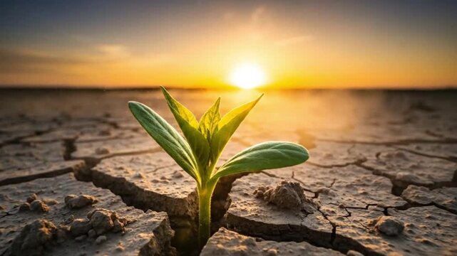 New life sprouting in cracked earth at sunset, hope and resilience concept