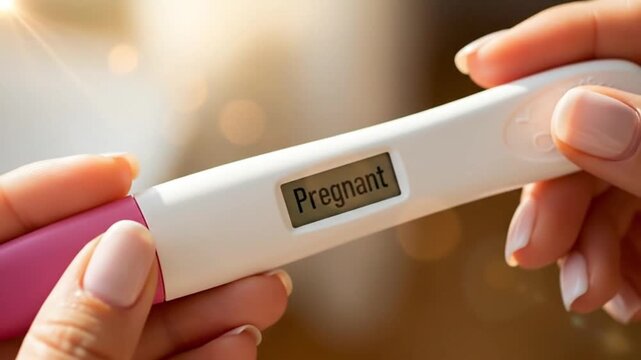 Closeup of a pregnancy test showing a positive result with the word pregnant