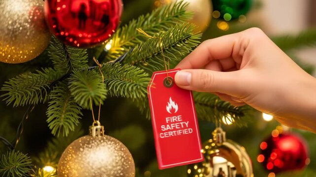 Woman hand displaying fire safety certified tag on a decorated Christmas tree for holiday awareness footage