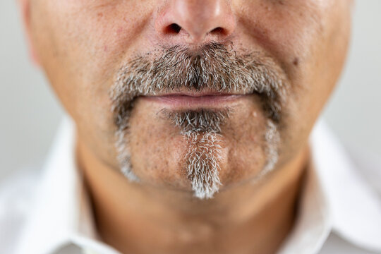 Lower part of mature adult face with distinctive facial hair of long mustache and small goatee