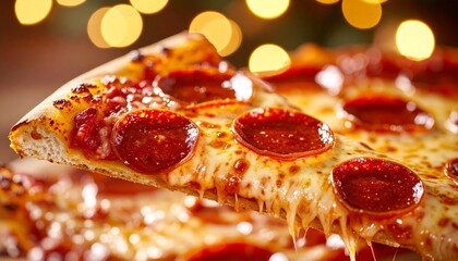 Tasty Pepperoni Pizza Slice with Melted Cheese on a Softly Blurred Background for Menu and Advertisement Use