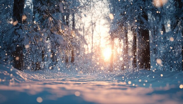 Captivating Winter Solstice Scene: Snowy Forest Or Park Adorned With Sparkling Snow And Low Sun. Magical Hibernal Solstice Setting.