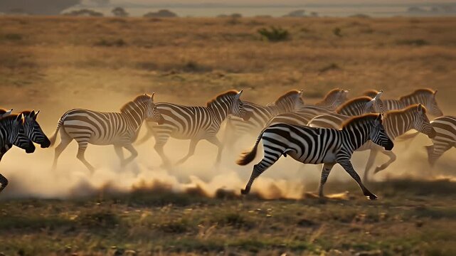 Herd of Zebras Striding Across a Dusty African Savannah at Sunset