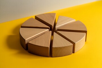 Wooden pie chart segments arranged in a circle on a yellow background slices