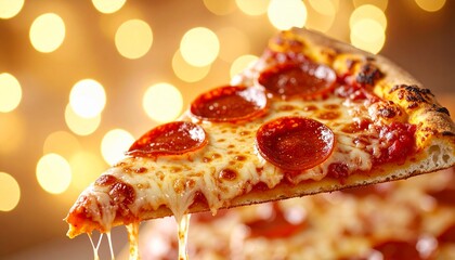 Macro Shot of Greasy Pepperoni Pizza with Cheesy Melt and Crispy Edges, Highlighting Delicious Italian Fast Food