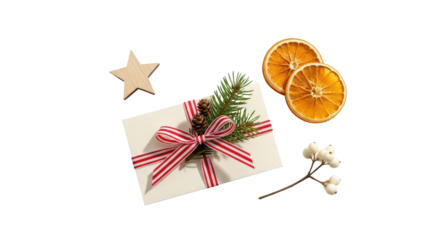 Festive Christmas gift box with natural decorations and dried orange slices.