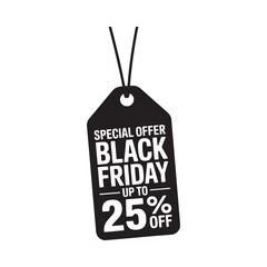 Black friday sale tag with up to twenty five percent off special offer