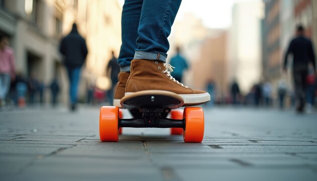 Person rides skateboard on city street sidewalk. Legs in jeans and brown shoes balance on board with orange wheels. People walk past in urban background.
