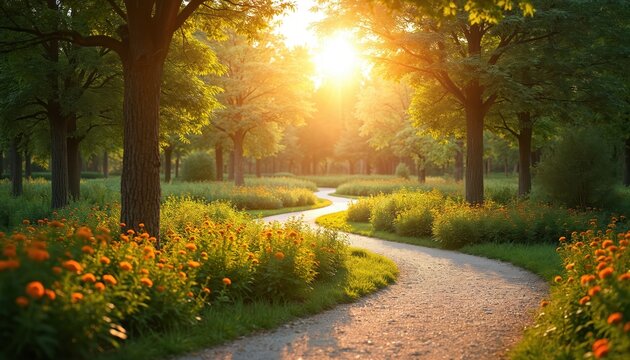 Scenic pathway winds through lush green park under golden sunlight. Gentle jogging trail offers space for text or design elements. Natural landscape promotes healthy lifestyle and outdoor activity.