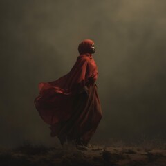 Woman wearing a hijab and a flowing red cloak walks through a desolate, misty landscape, embodying mystery and resilience while navigating an ethereal journey of strength and hope