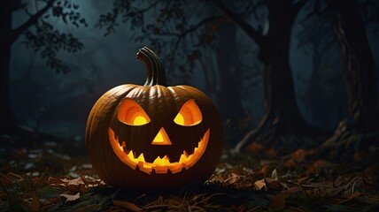 Glowing Halloween Pumpkin with Carved Face in Moody Lighting V4