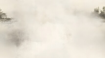 Minimalist monochrome artwork depicts dense fog enveloping distant dark foliage