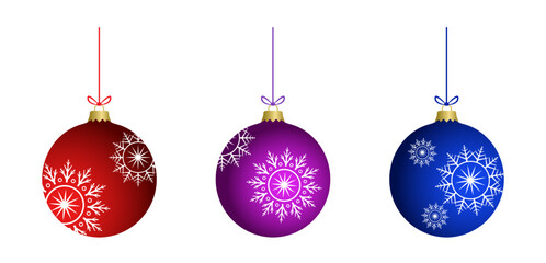 Abstract colorful 3d vintage christmas baubles set with snowflake decoration. Glass balls collection with ice flake to use for christmas card, xmas, winter holiday, new year projects. 