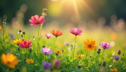 Fototapeta premium Sunlight illuminates vibrant wildflowers in meadow , summer, plantlife