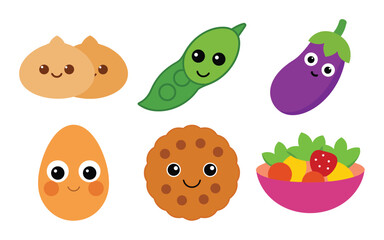 Cute cartoon food characters including chickpeas, pea pod, eggplant, egg, cookie, and fruit salad