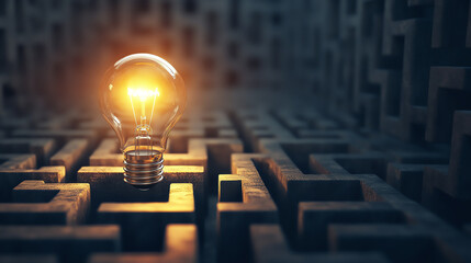 light bulb illuminating dark maze, inspiration in confusion