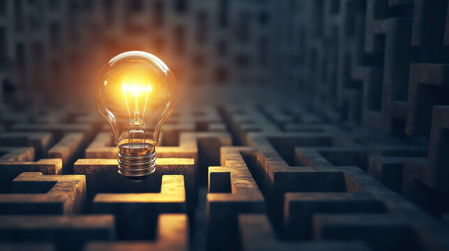 light bulb illuminating dark maze, inspiration in confusion