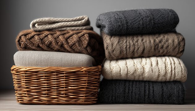 Warm And Comfy Blankets In A Cute Basket. Stay Cozy With These Soft Throws. Perfect For Snuggling Up On Chilly Nights.
