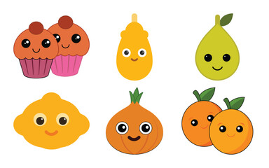 Cute cartoon fruits and cupcakes with smiling faces