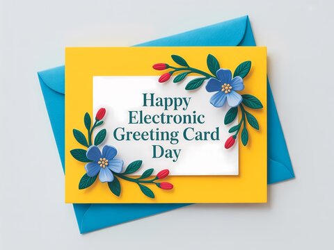 Bright yellow greeting card celebrating happy electronic greeting card day with floral accents