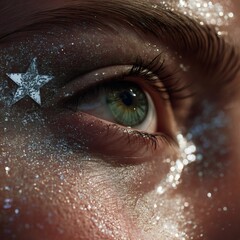 Glittering particles and a star shaped sticker adorn the skin around a woman's captivating green eye, creating a mesmerizing and festive look