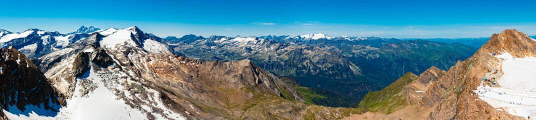 High resolution stitched panorama of an alpine summer view with Mount Grossglockner seen from Mount Kitzsteinhorn, Kaprun, Hohe Tauern mountains, Salzburg, Austria