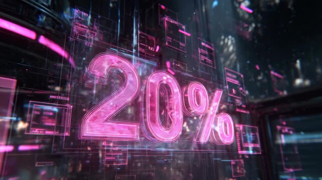 Glowing neon 20 percent sign amidst digital data background