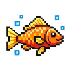 Obraz premium Pixel art orange goldfish swimming with blue bubbles