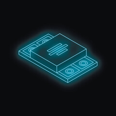 Neon blue isometric illustration representing money laundering concept with banknotes and a box on black background