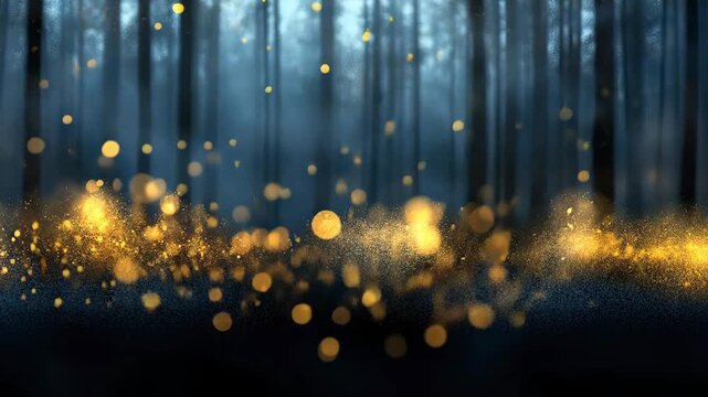 Golden sparkles dance through a dark forest, highlighting the beauty of nature and creating a mystical ambiance that captivates the senses