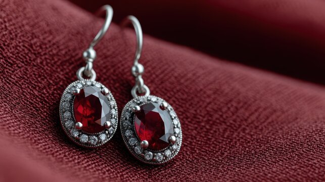 jewelry photography, enhanced lighting illuminates the sharp details of vintage-style silver ruby drop earrings with oval-cut rubies and diamond halos against crimson velvet