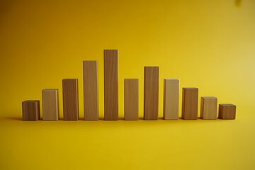 Wooden Blocks Arranged in a Bar Graph Formation on a Yellow Background Keywords: wooden blocks, bar graph, chart, data visualization, statistics, growth, decline, progress, financial, business