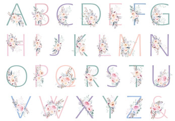 Pastel Letters with Watercolor tender flowers and leaves, isolated illustration, Baby shower elements