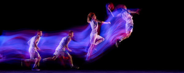 Basketball player motion sequence jumping with glowing red and blue light trails. Concept of sport design, performance coaching, motion visualization, and athletic marketing. Banner