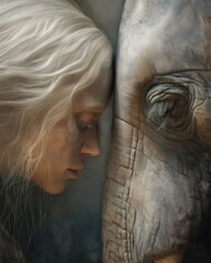 Blonde woman with closed eyes touching the head of an elephant, experiencing a deep connection with nature and wildlife, in a moment of tenderness and affection