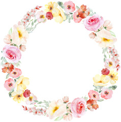 Frame with Watercolor pink and yellow flowers and leaves, pastel wedding isolated illustration