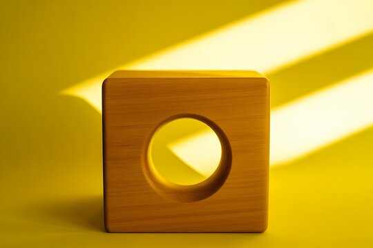 Wooden cube with a circular hole in the center casting a shadow on a yellow background geometric shape
