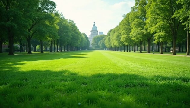 Manicured green lawn in park lined with mature trees. Building with dome in distance. Sunny day perfect for outdoor recreation and relaxation.