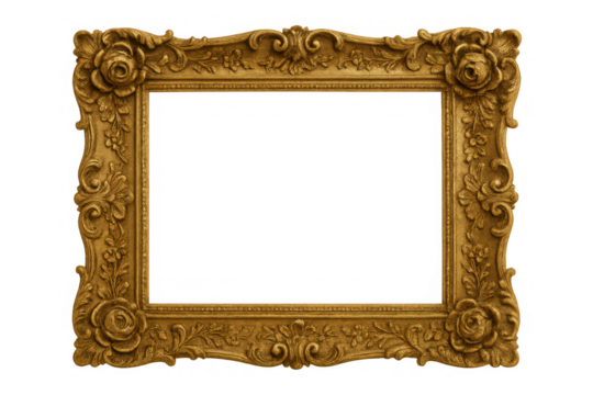 Gold ornate vintage picture frame with carved floral and scroll details, transparent background