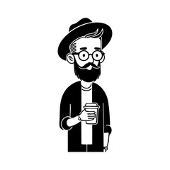 Stylish hipster man with glasses, hat, and beard holding takeaway coffee, representing modern urban lifestyle and individuality.