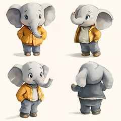 Four illustrations show a charming baby elephant character dressed in casual clothing from different angles