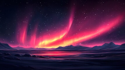 Vivid magenta and yellow atmospheric lights illuminate a dark, mountainous polar landscape under a starry night sky