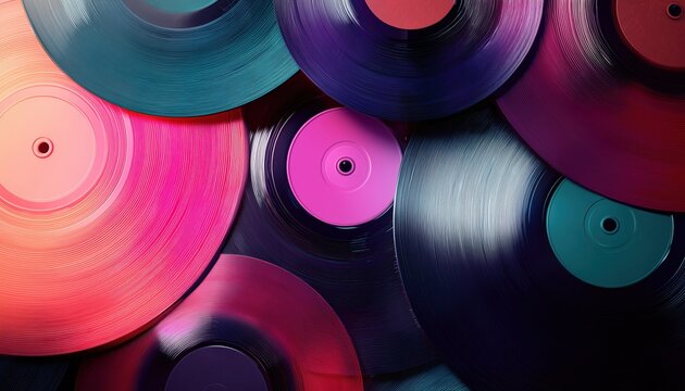 Vintage Disco Vibes: 80'S Vinyl Records In Retro Gradient Colors For Close-Up Acoustic Eighties Party Wallpaper, Screen, And Postcard.