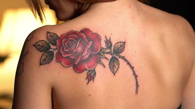Woman with rose tattoo on shoulder in dimly lit room