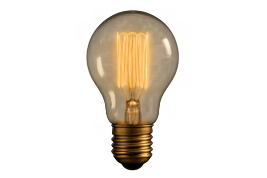 Vintage edison light bulb glowing, visualizing creativity, innovation, and an illuminated idea concept with transparent background